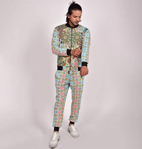 Men Floral Digital Printed Henley Neck Lycra Tracksuit